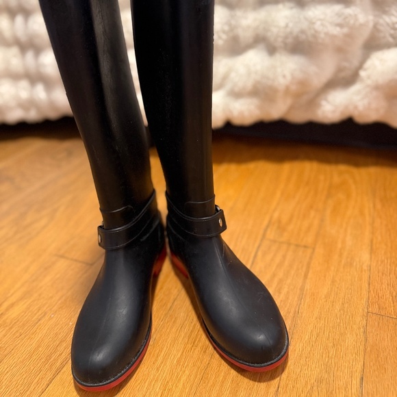 preowned, DAV knee high zipper back , silver accent and red bottom rain boots - Picture 1 of 3